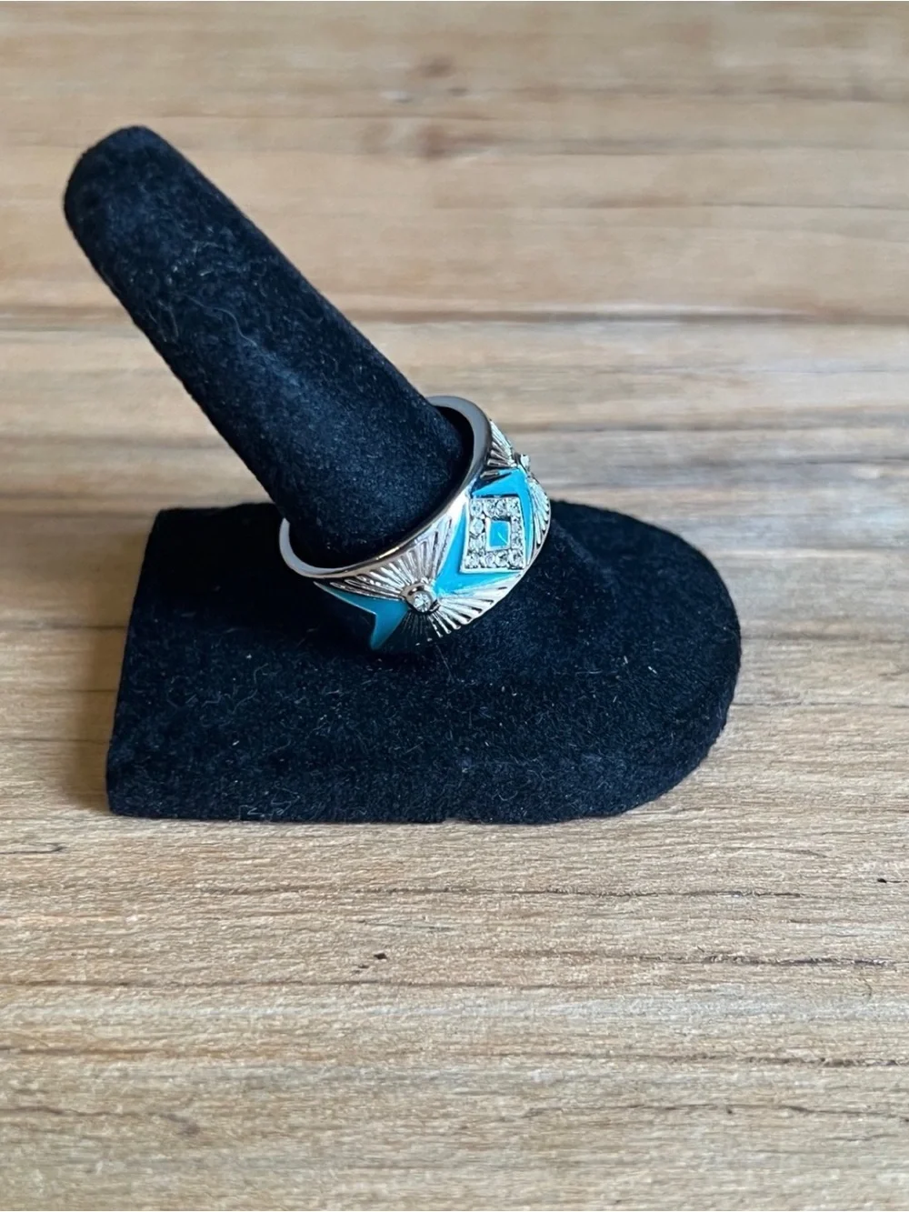 Silver Tone Turquoise Enamel Wide Band Ring size 7.5